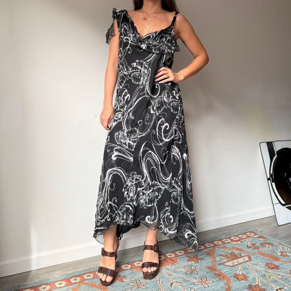 Vintage 90s 100% Silk Ruffle Strap Bias Cut Black and White Maxi Dress